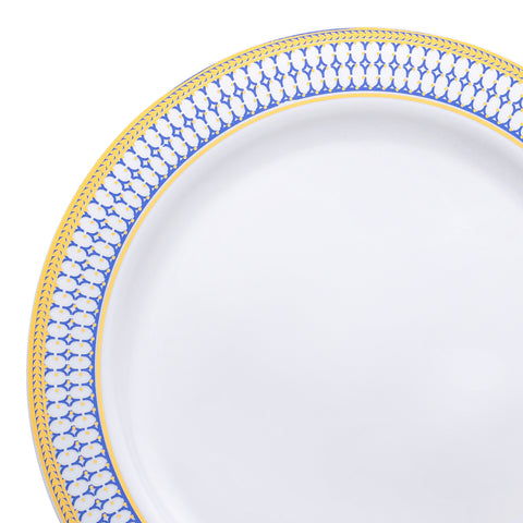 White with Blue and Gold Chord Rim Plastic Dinner Plates (10.25