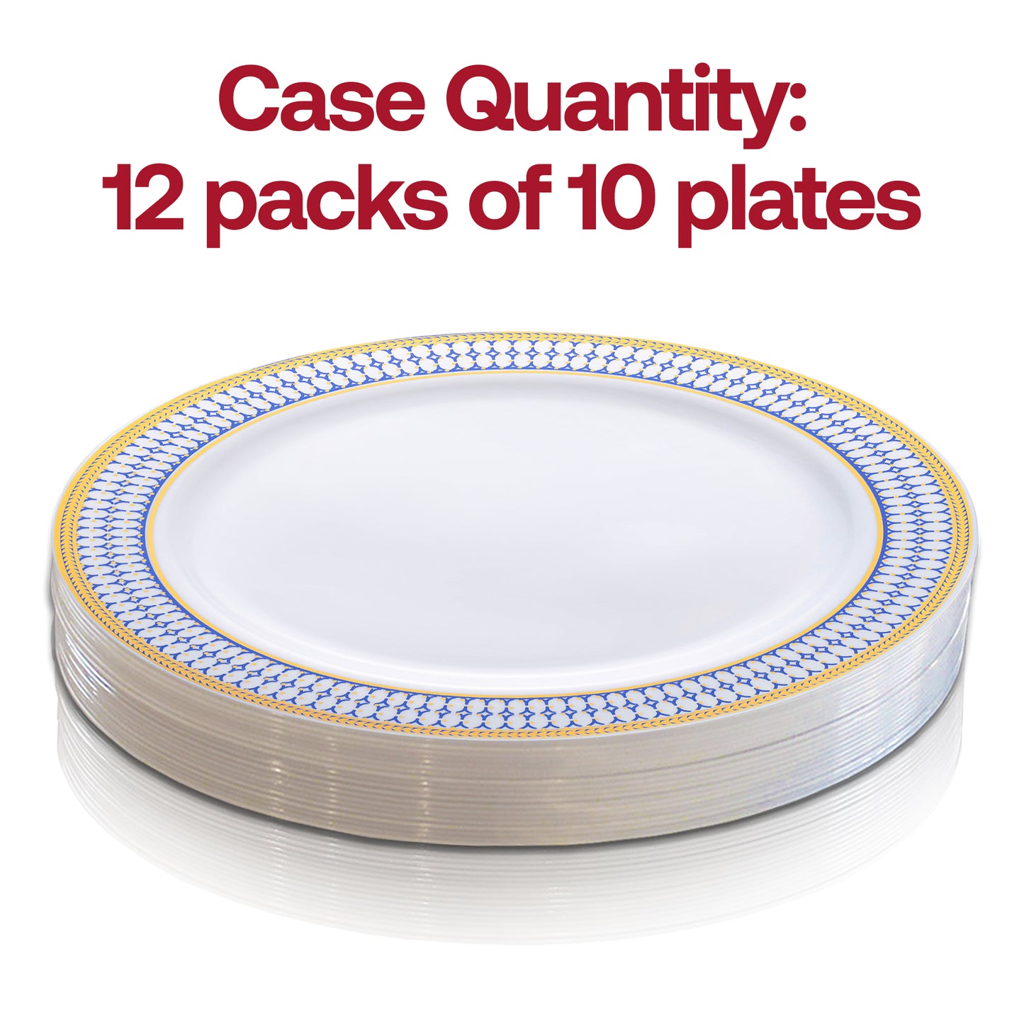 White with Blue and Gold Chord Rim Plastic Dinner Plates (10.25") Quantity | The Kaya Collection