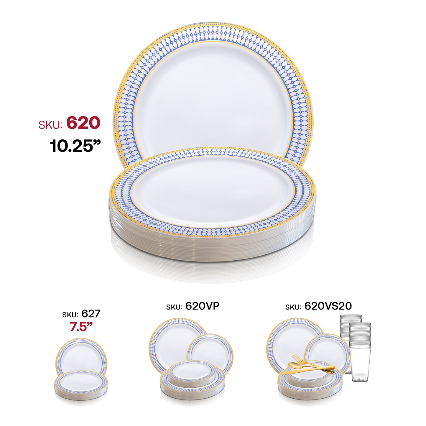 White with Blue and Gold Chord Rim Plastic Dinner Plates (10.25") SKU | The Kaya Collection