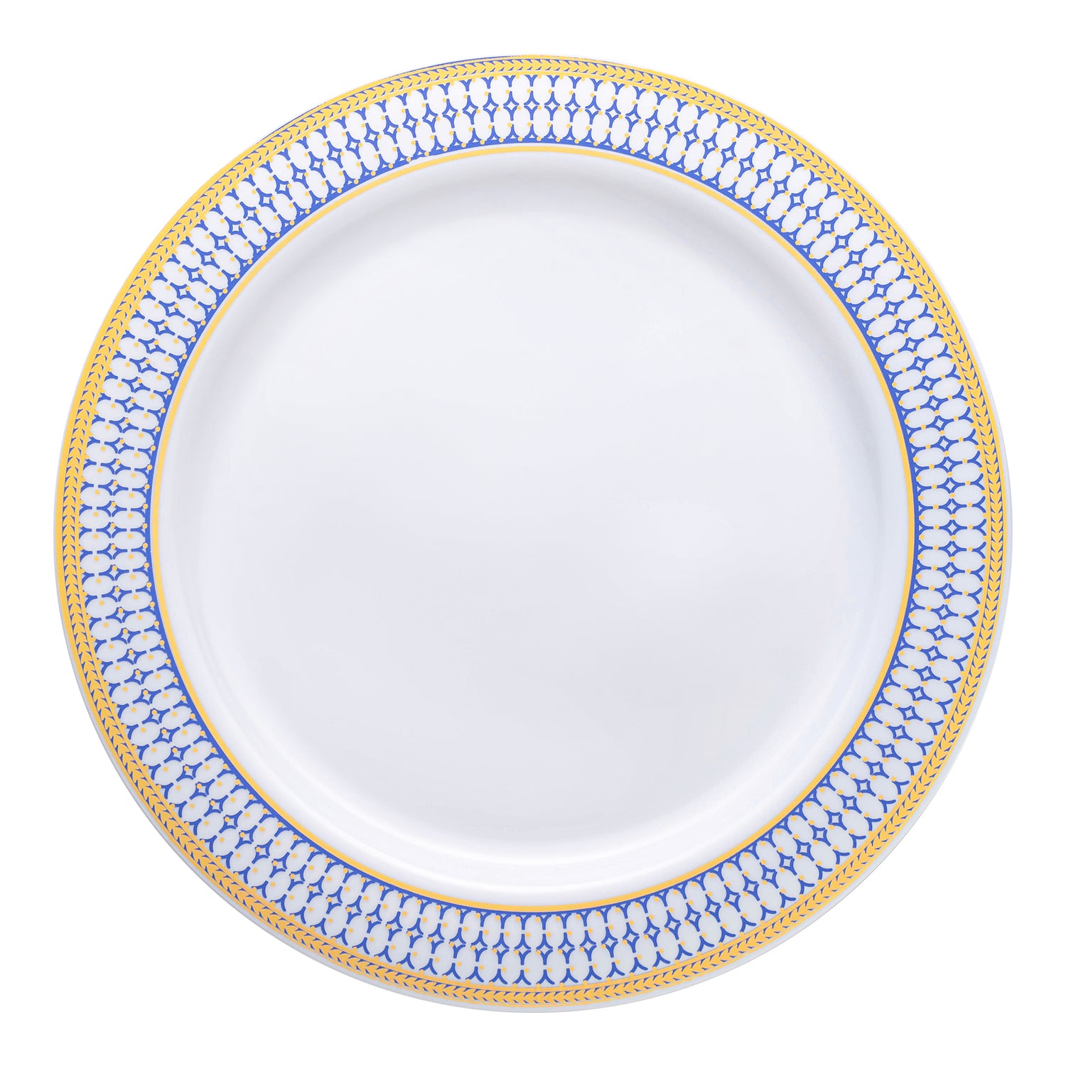 White with Blue and Gold Chord Rim Plastic Dinner Plates (10.25") | The Kaya Collection