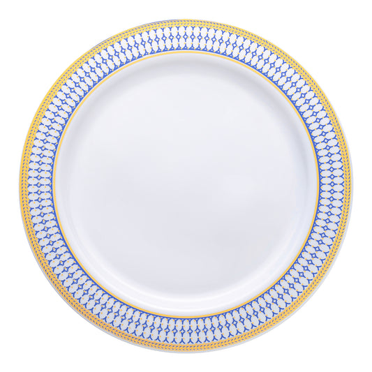 White with Blue and Gold Chord Rim Plastic Dinner Plates (10.25") | The Kaya Collection