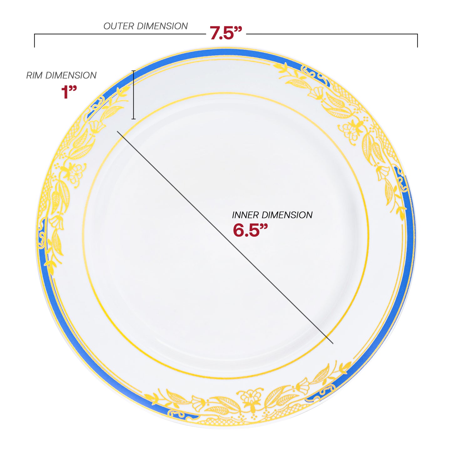 White with Blue and Gold Harmony Rim Plastic Appetizer/Salad Plates (7.5") Dimension | The Kaya Collection