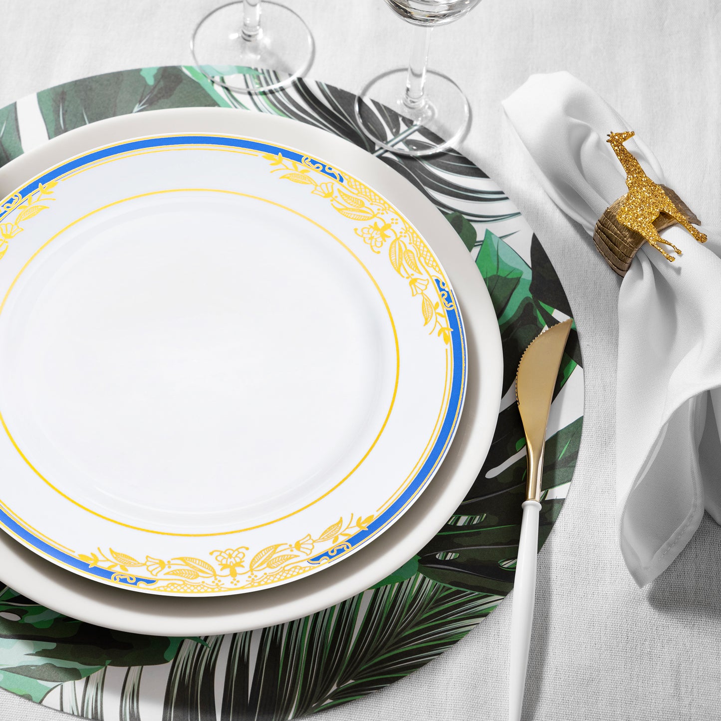 White with Blue and Gold Harmony Rim Plastic Salad Plates (7.5")