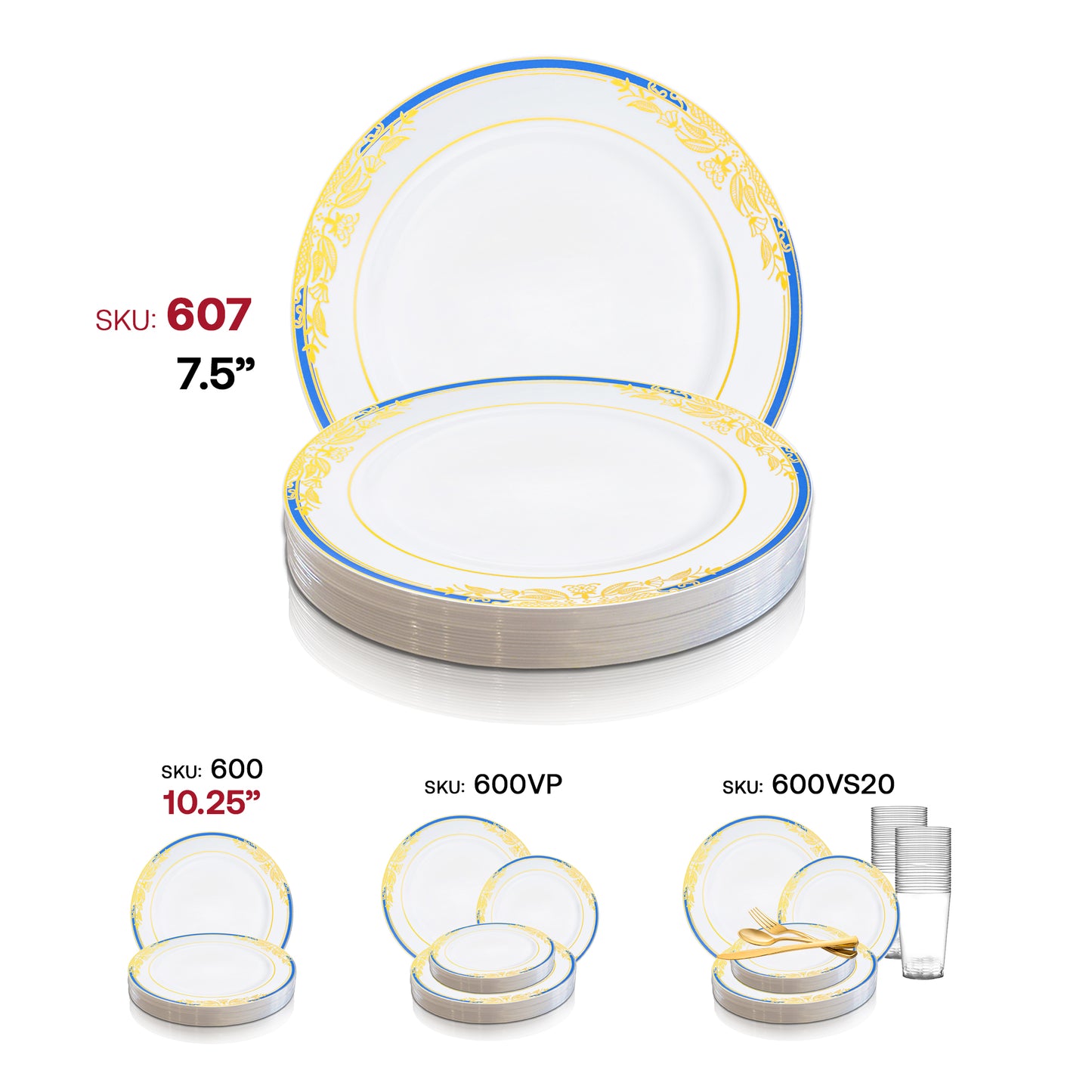 White with Blue and Gold Harmony Rim Plastic Appetizer/Salad Plates (7.5") SKU | The Kaya Collection