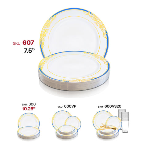 White with Blue and Gold Harmony Rim Plastic Appetizer/Salad Plates (7.5