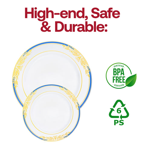 White with Blue and Gold Harmony Rim Plastic Dinner Plates (10.25