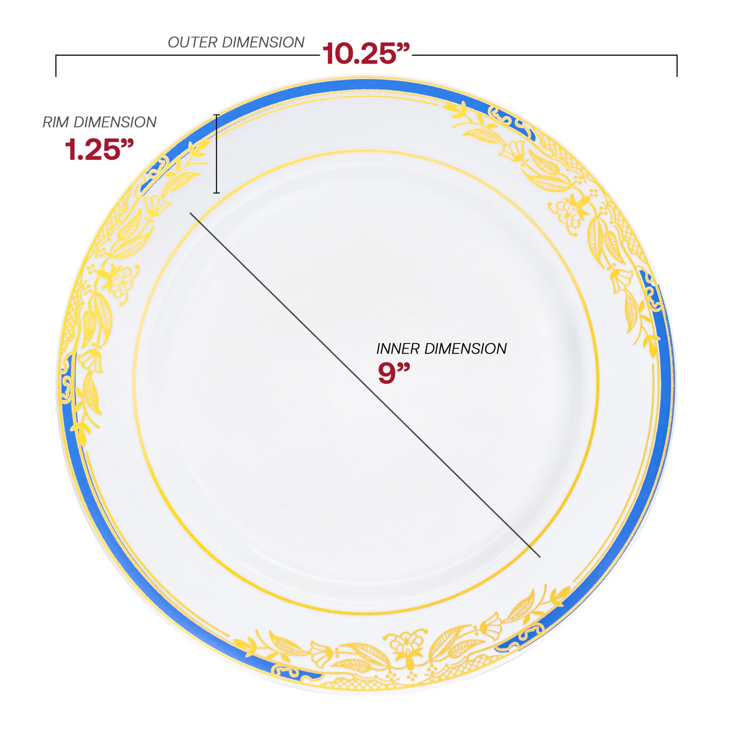 White with Blue and Gold Harmony Rim Plastic Dinner Plates (10.25") Dimension | The Kaya Collection