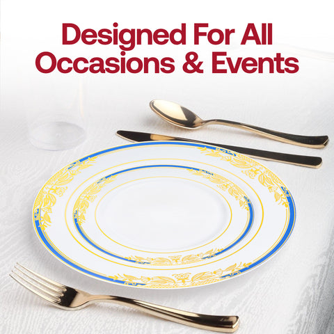 White with Blue and Gold Harmony Rim Plastic Dinner Plates (10.25