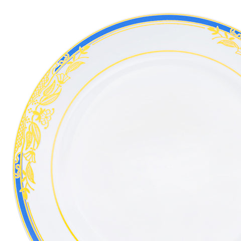 White with Blue and Gold Harmony Rim Plastic Dinner Plates (10.25