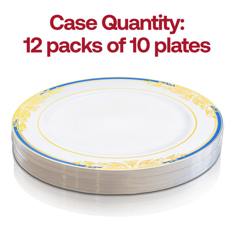 White with Blue and Gold Harmony Rim Plastic Dinner Plates (10.25