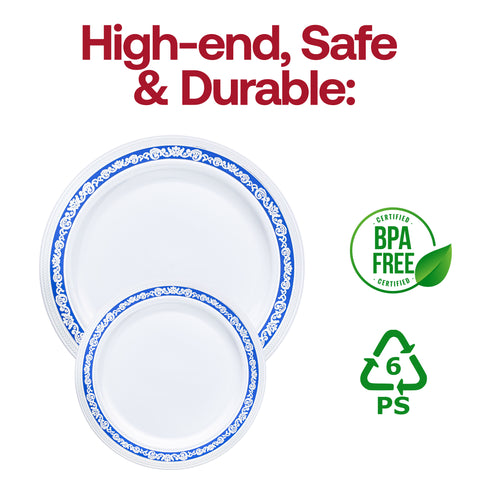 White with Blue and Silver Royal Rim Plastic Appetizer/Salad Plates (7.5