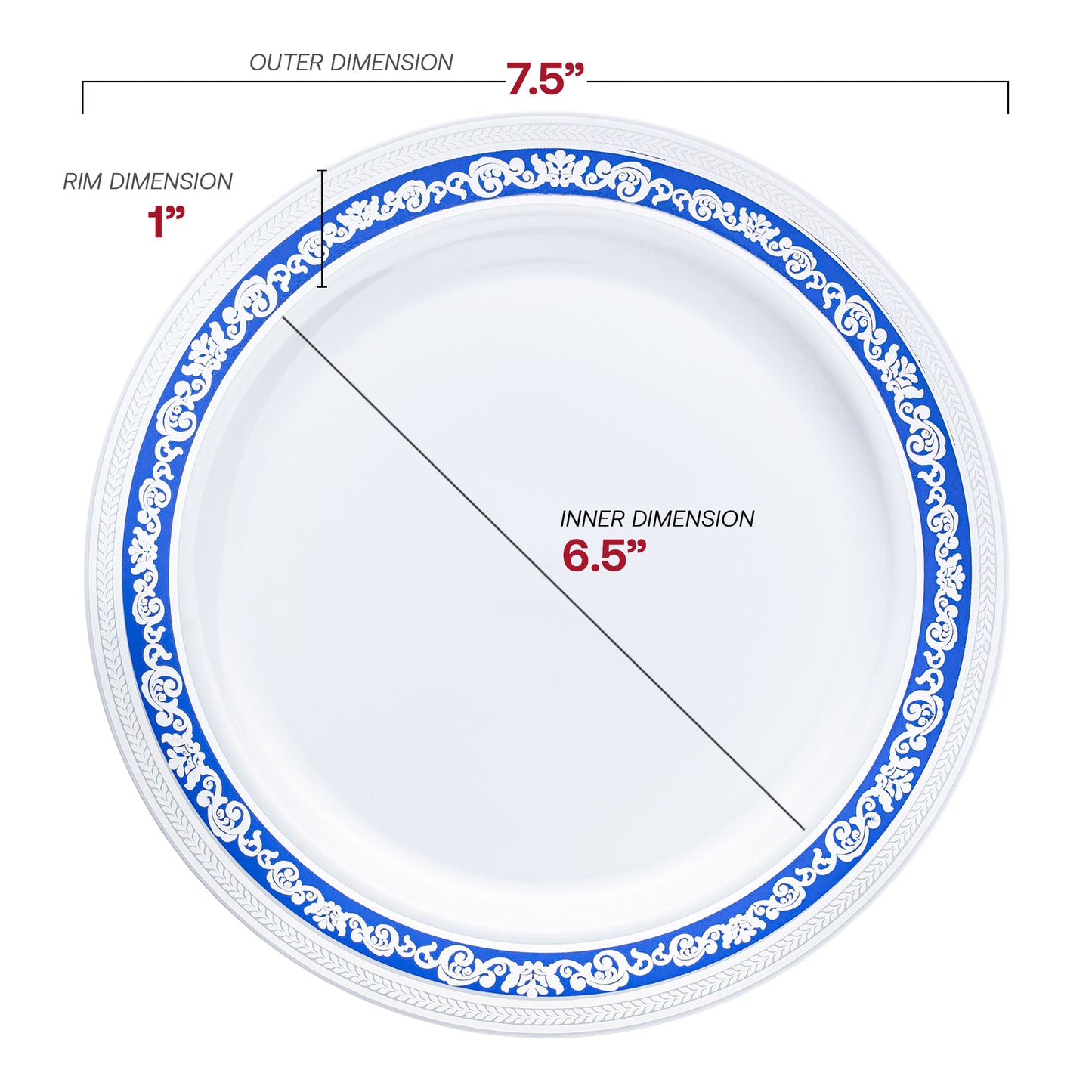 White with Blue and Silver Royal Rim Plastic Appetizer/Salad Plates (7.5") Dimension | The Kaya Collection