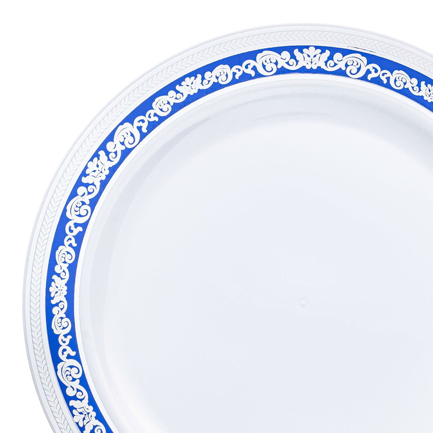 White with Blue and Silver Royal Rim Plastic Appetizer/Salad Plates (7.5") | The Kaya Collection