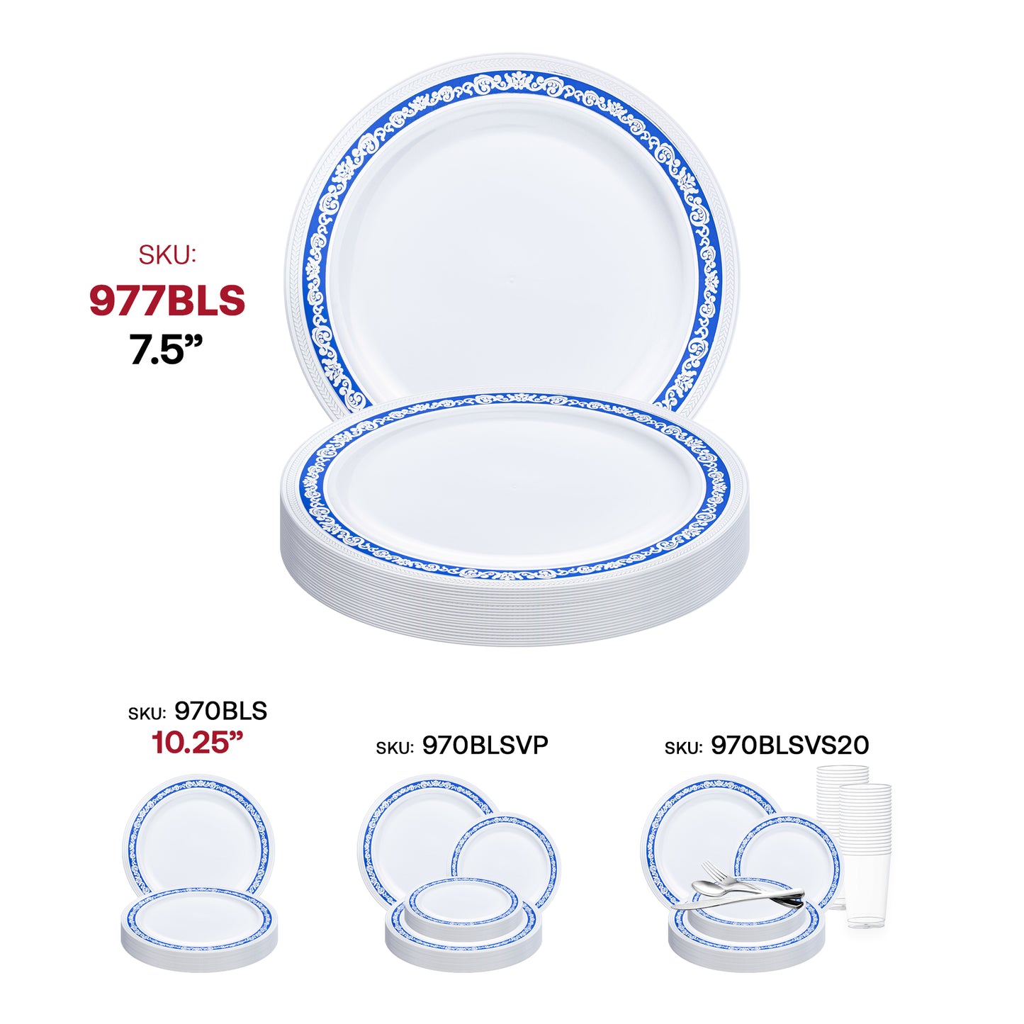 White with Blue and Silver Royal Rim Plastic Appetizer/Salad Plates (7.5") SKU | The Kaya Collection