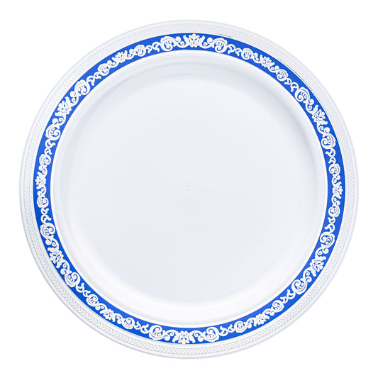 White with Blue and Silver Royal Rim Plastic Appetizer/Salad Plates (7.5") | The Kaya Collection