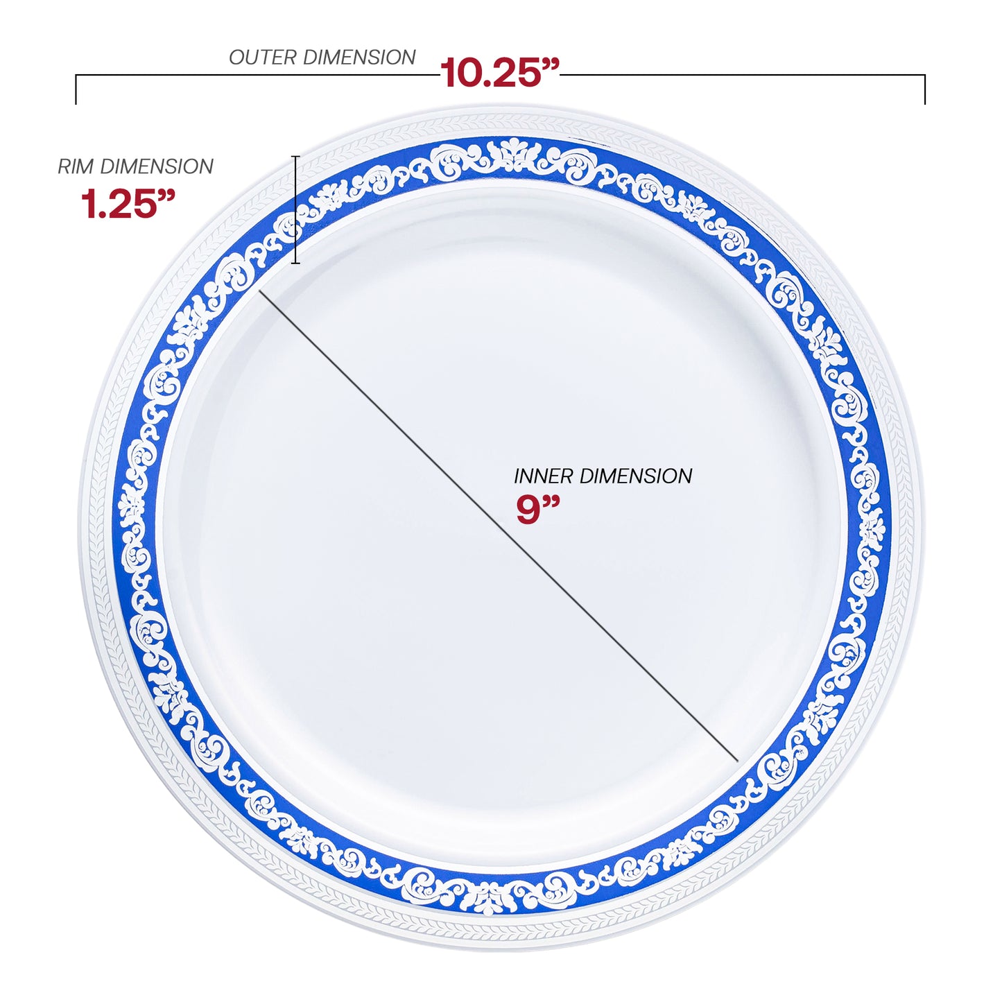 White with Blue and Silver Royal Rim Plastic Dinner Plates (10.25") Dimension | The Kaya Collection