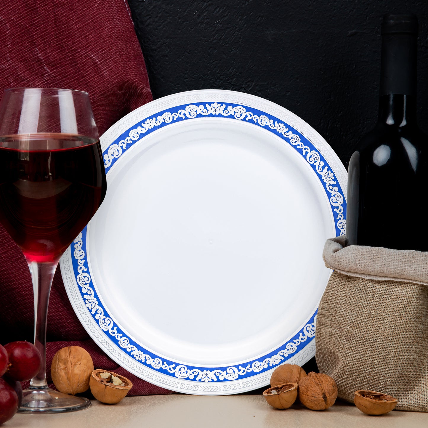 White with Blue and Silver Royal Rim Disposable Plastic Dinner Plates (10.25")