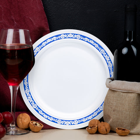 White with Blue and Silver Royal Rim Disposable Plastic Dinner Plates (10.25