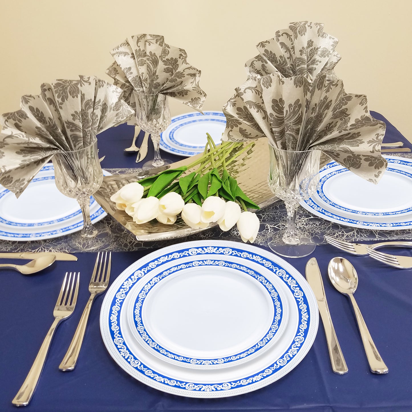 White with Blue and Silver Royal Rim Disposable Plastic Dinner Plates (10.25")