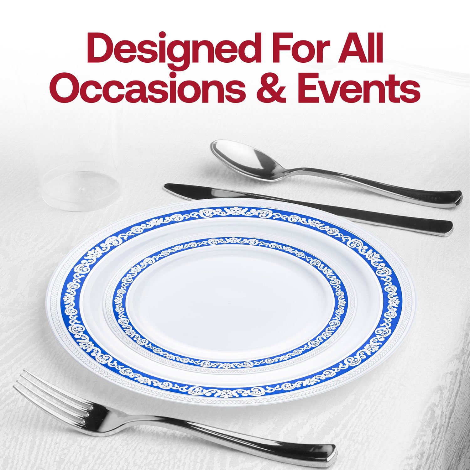 White with Blue and Silver Royal Rim Plastic Dinner Plates (10.25") Lifestyle| The Kaya Collection