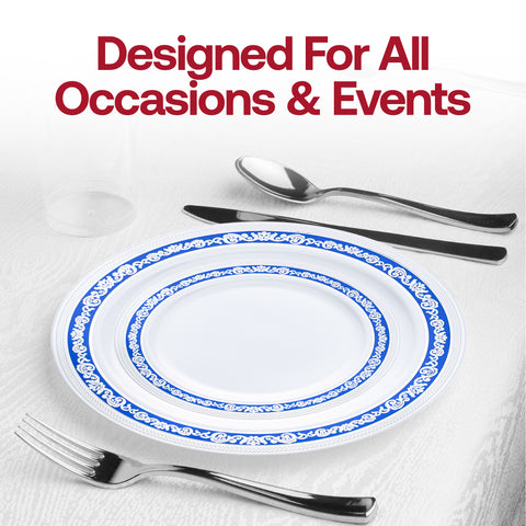 White with Blue and Silver Royal Rim Plastic Dinner Plates (10.25