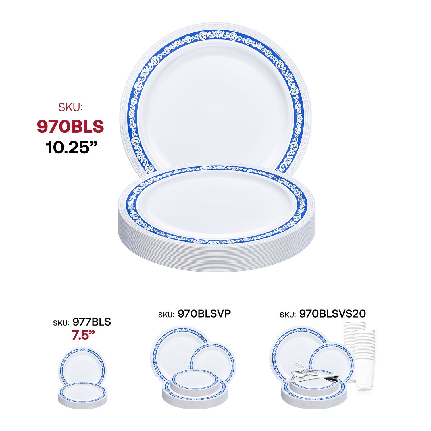 White with Blue and Silver Royal Rim Plastic Dinner Plates (10.25") SKU | The Kaya Collection