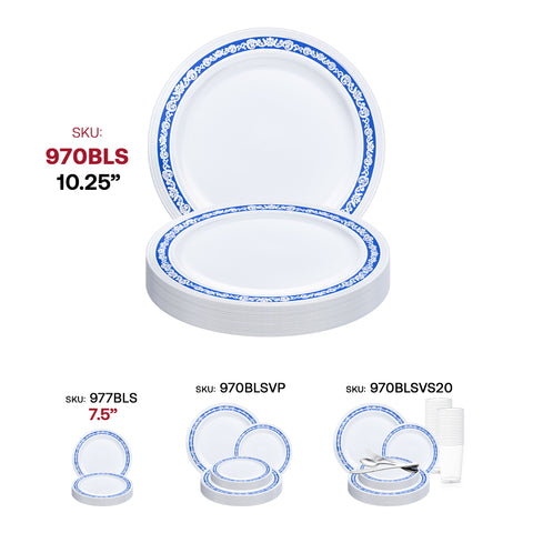 White with Blue and Silver Royal Rim Plastic Dinner Plates (10.25