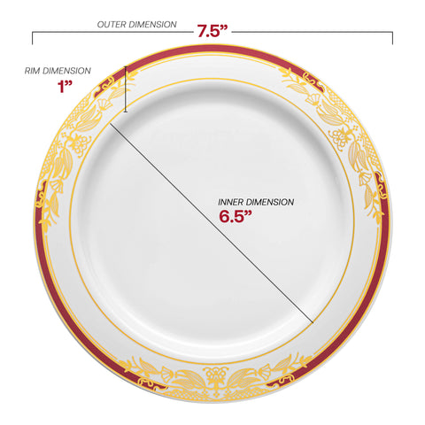White with Burgundy and Gold Harmony Rim Plastic Appetizer/Salad Plates (7.5