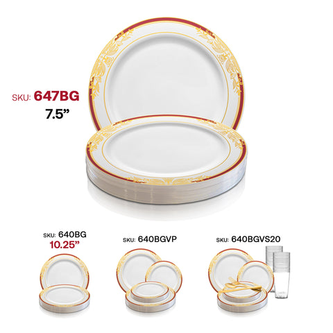 White with Burgundy and Gold Harmony Rim Plastic Appetizer/Salad Plates (7.5