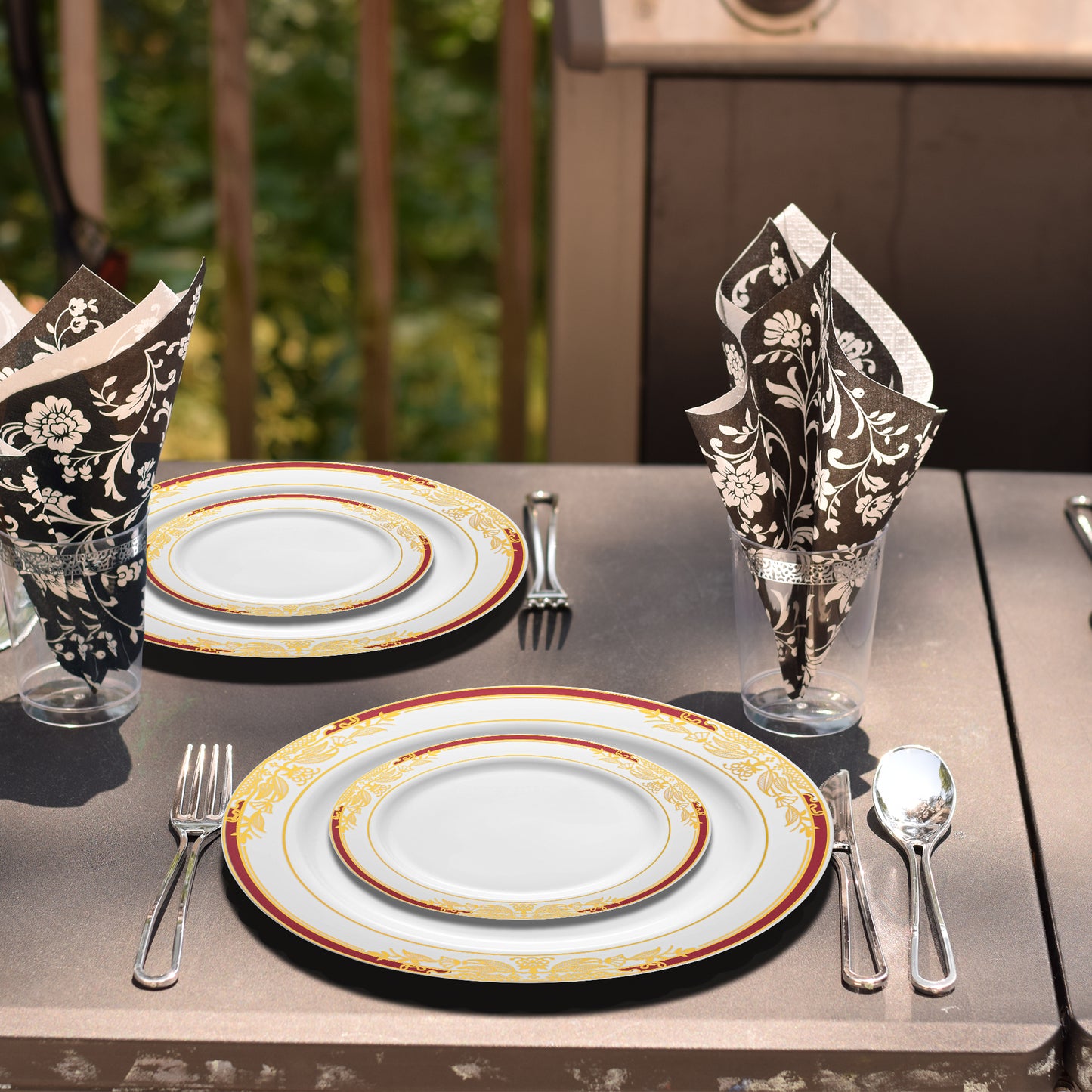 White with Burgundy and Gold Harmony Rim Plastic Salad Plates (7.5")