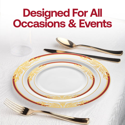 White with Burgundy and Gold Harmony Rim Plastic Appetizer/Salad Plates (7.5
