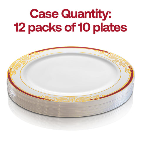 Image of a stack of White with Burgundy and Gold Harmony Rim Plastic Salad Plates (7.5