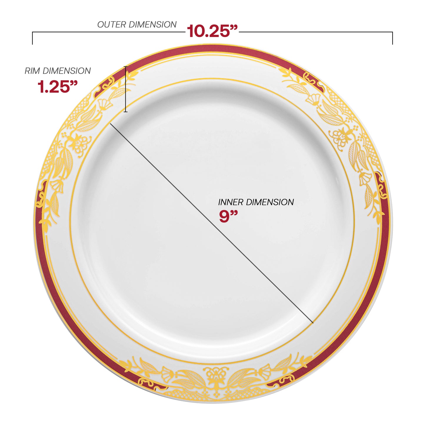 White with Burgundy and Gold Harmony Rim Plastic Dinner Plates (10.25") Dimension | The Kaya Collection
