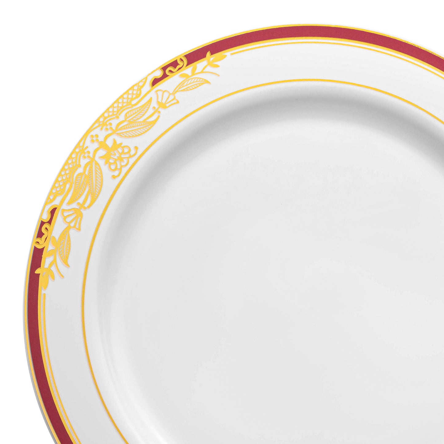 White with Burgundy and Gold Harmony Rim Plastic Dinner Plates (10.25") | The Kaya Collection