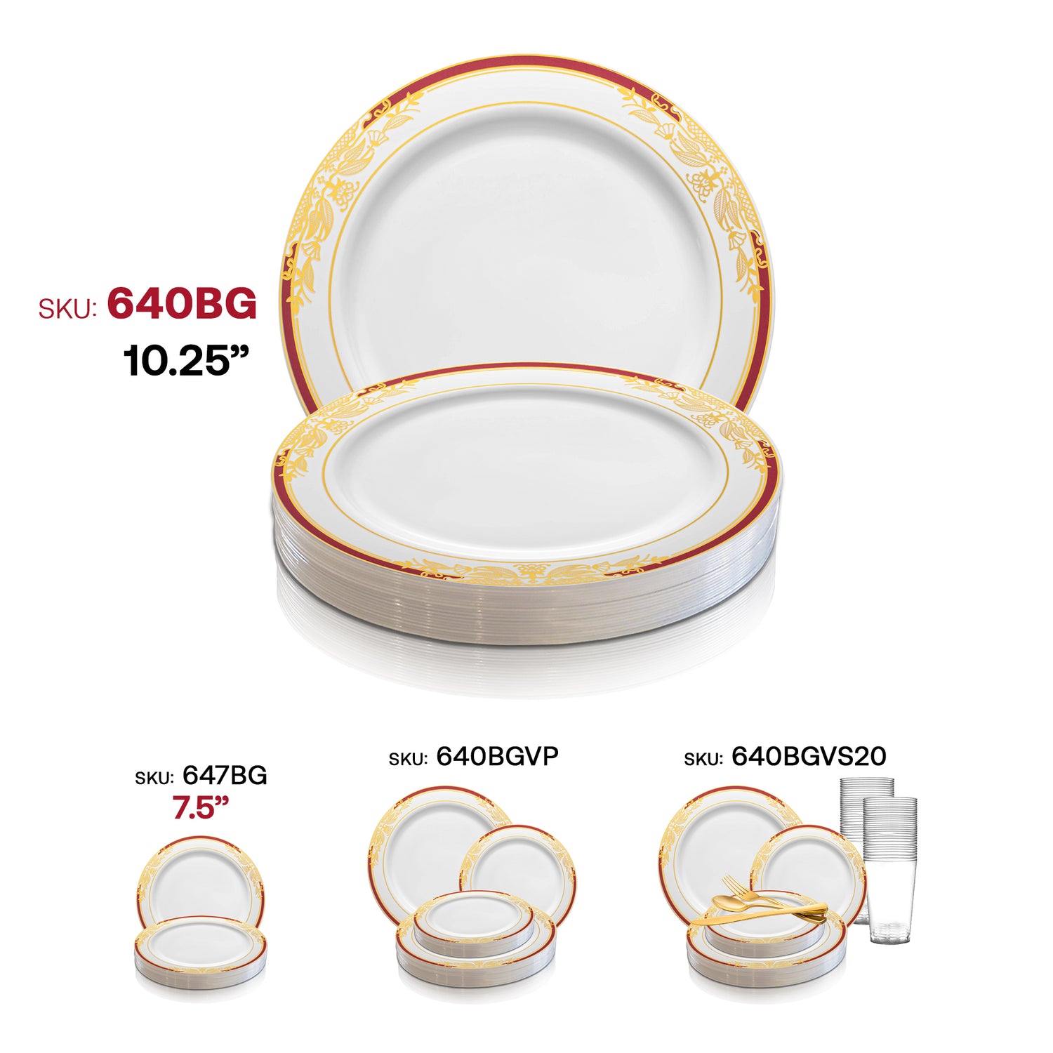 White with Burgundy and Gold Harmony Rim Plastic Dinner Plates (10.25") SKU | The Kaya Collection