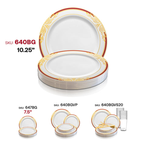 White with Burgundy and Gold Harmony Rim Plastic Dinner Plates (10.25