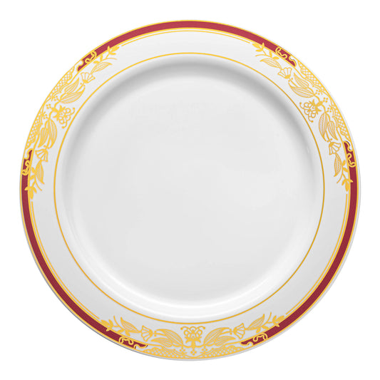White with Burgundy and Gold Harmony Rim Plastic Dinner Plates (10.25") | The Kaya Collection