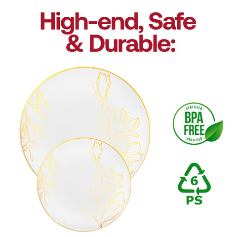 White with Gold Antique Floral Round Disposable Plastic Appetizer/Salad Plates (7.5