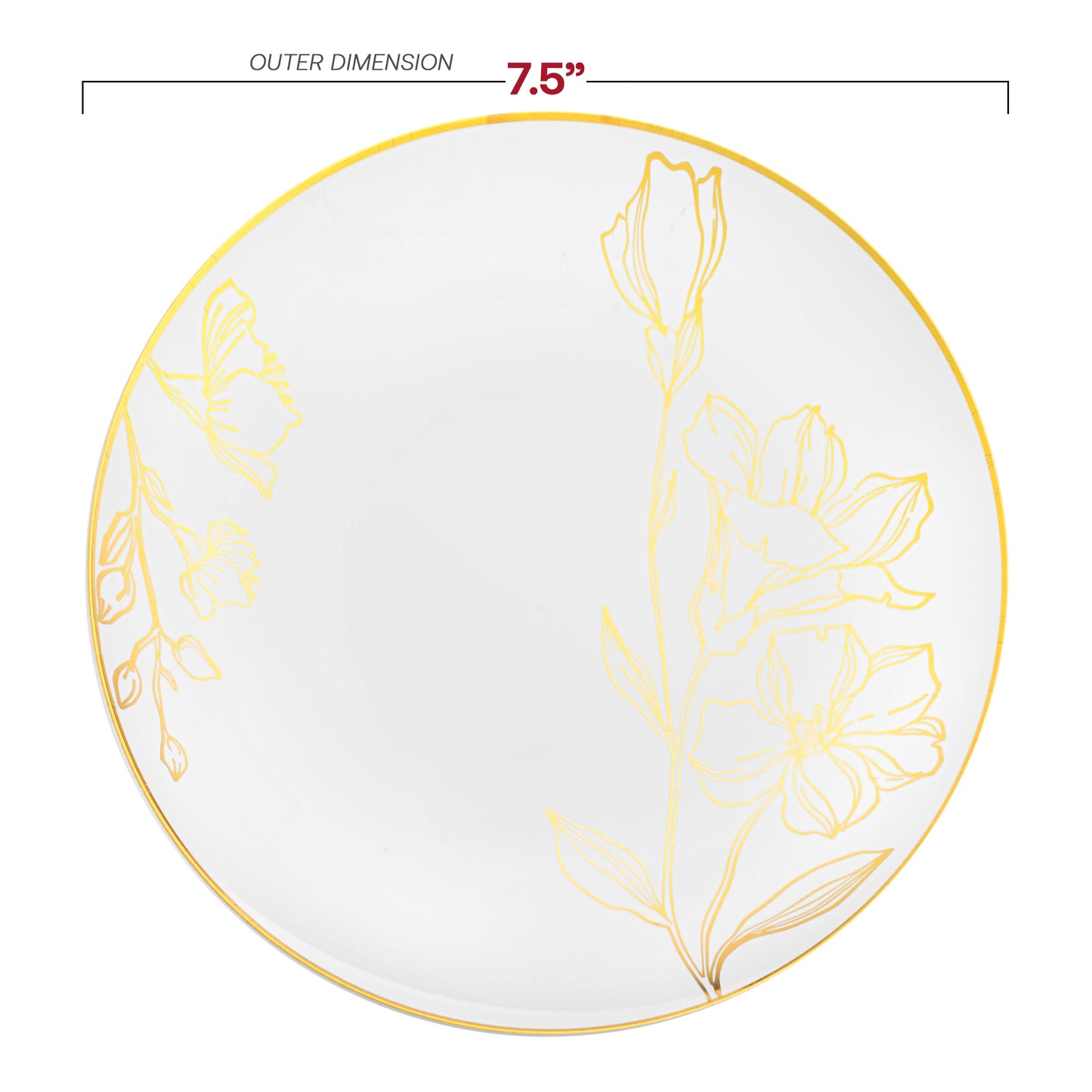 White with Gold Antique Floral Round Disposable Plastic Appetizer/Salad Plates (7.5") Dimension | The Kaya Collection