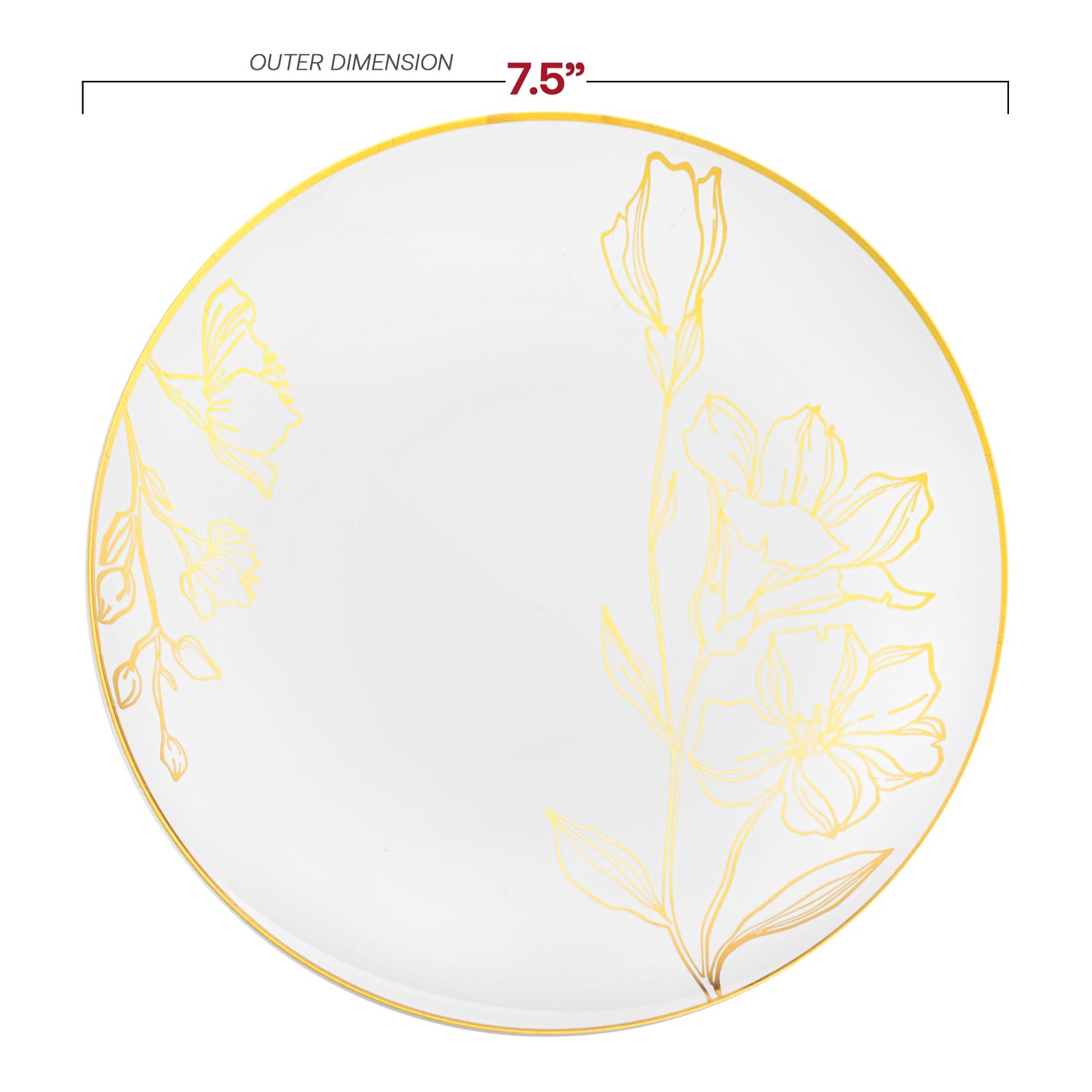 White with Gold Antique Floral Round Disposable Plastic Appetizer/Salad Plates (7.5") Dimension | The Kaya Collection