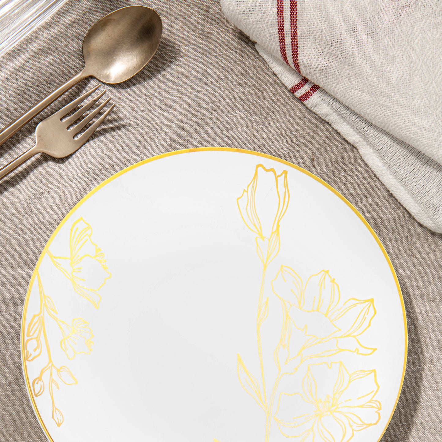 White with Gold Antique Floral Round Disposable Plastic Salad Plates (7.5")
