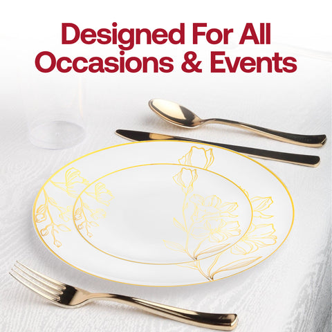 White with Gold Antique Floral Round Disposable Plastic Appetizer/Salad Plates (7.5