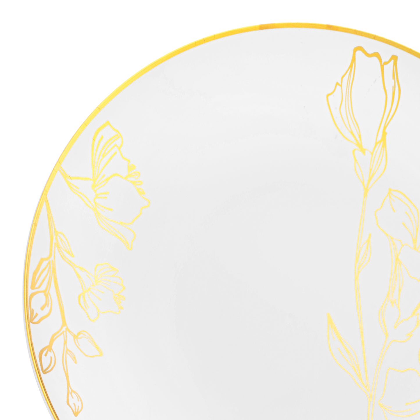 White with Gold Antique Floral Round Disposable Plastic Appetizer/Salad Plates (7.5") | The Kaya Collection