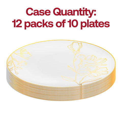 White with Gold Antique Floral Round Disposable Plastic Appetizer/Salad Plates (7.5