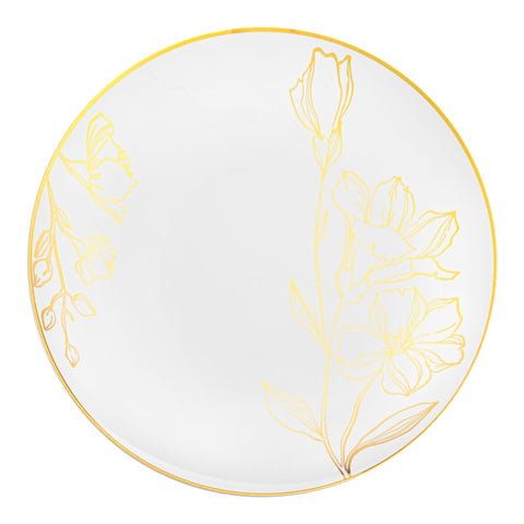 White with Gold Antique Floral Round Disposable Plastic Appetizer/Salad Plates (7.5