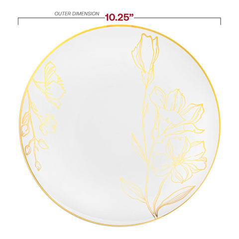 White with Gold Antique Floral Round Disposable Plastic Dinner Plates (10.25