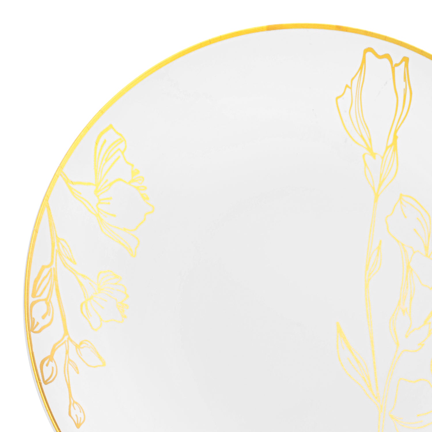 White with Gold Antique Floral Round Disposable Plastic Dinner Plates (10.25") | The Kaya Collection