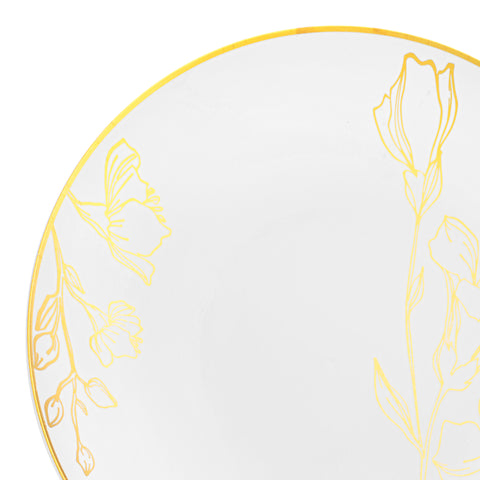 White with Gold Antique Floral Round Disposable Plastic Dinner Plates (10.25