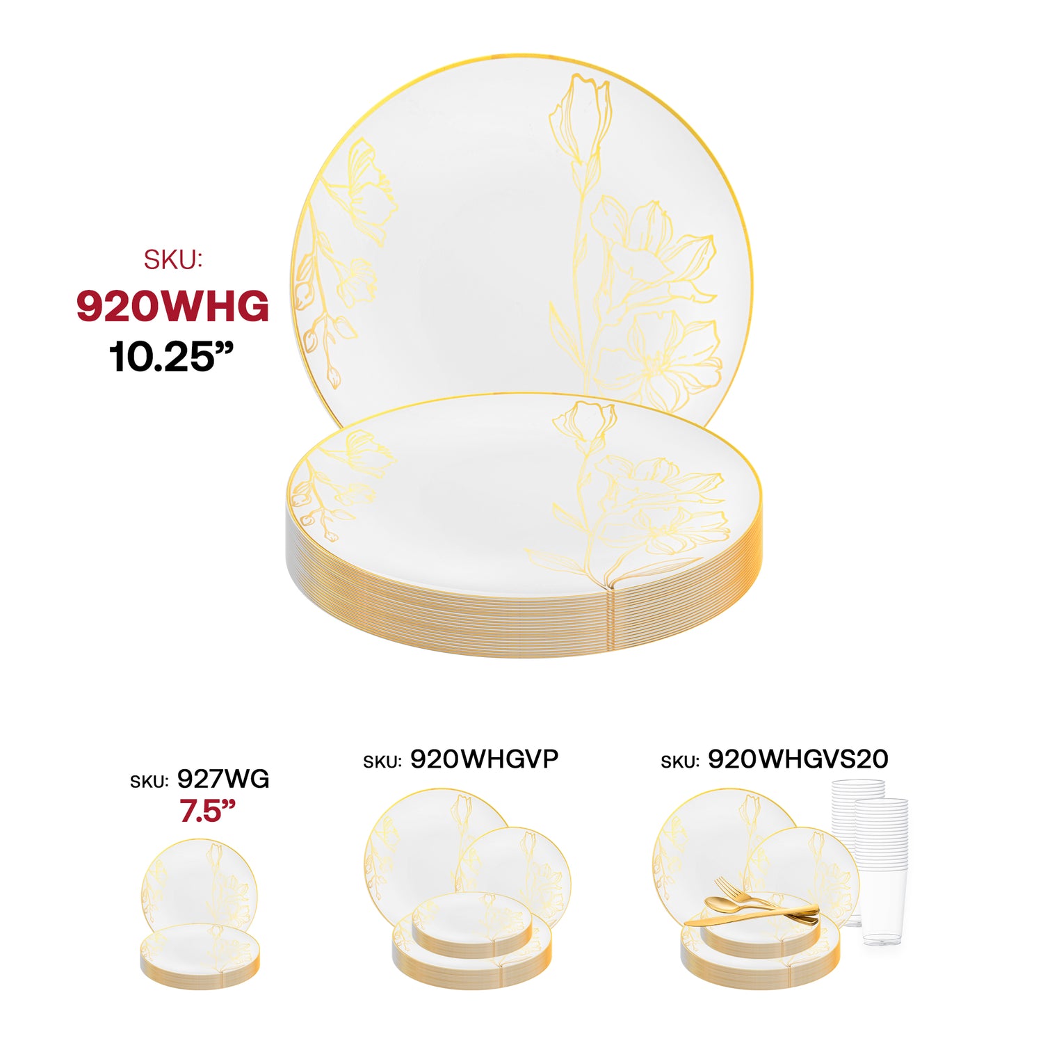 White with Gold Antique Floral Round Disposable Plastic Dinner Plates (10.25") SKU | The Kaya Collection