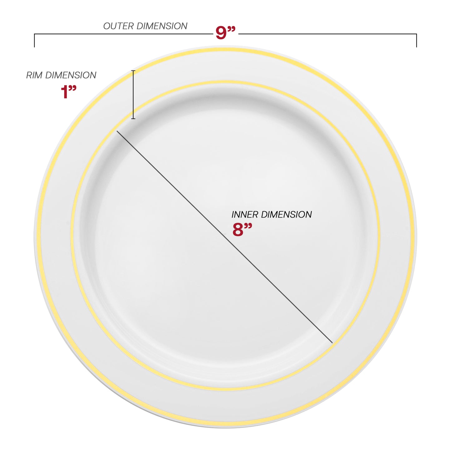 White with Gold Edge Rim Plastic Buffet Plates (9") Dimension | The Kaya Collection